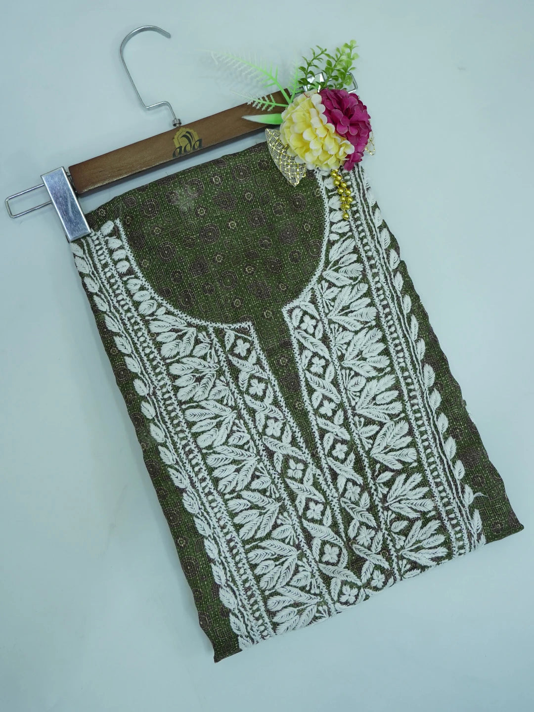 Ada Hand Embroidered Dark Moss Green Kota Lucknowi Chikankari Unstitched Kurta Piece 01A349756