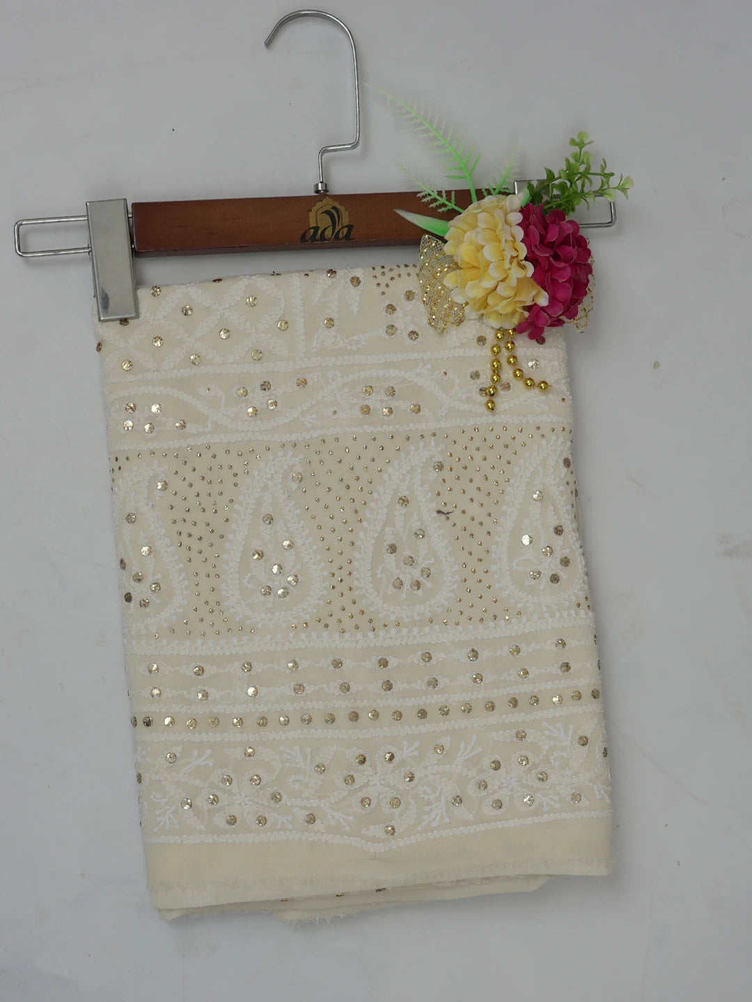 Ada Hand Embroidered Off White Pure Georgette Lucknowi Chikankari Unstitched Kurta Piece With Muqaish Work 01A388544