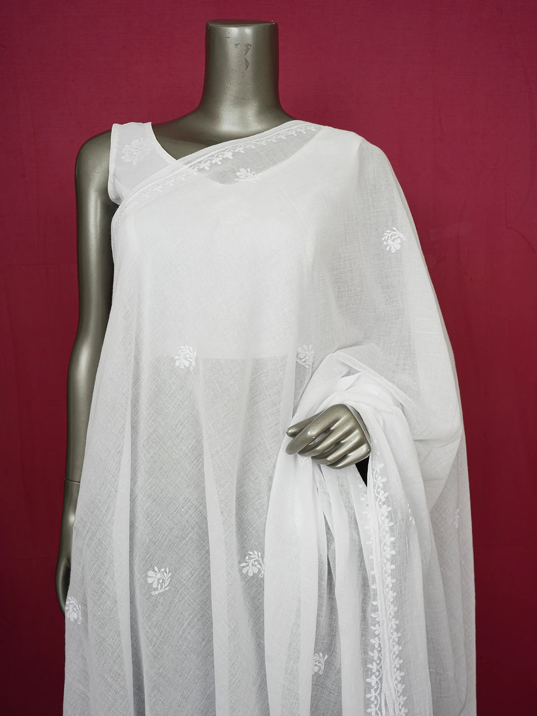 Ada Hand Embroidered White Cotton Lucknowi Chikankari Dupatta 01A571579