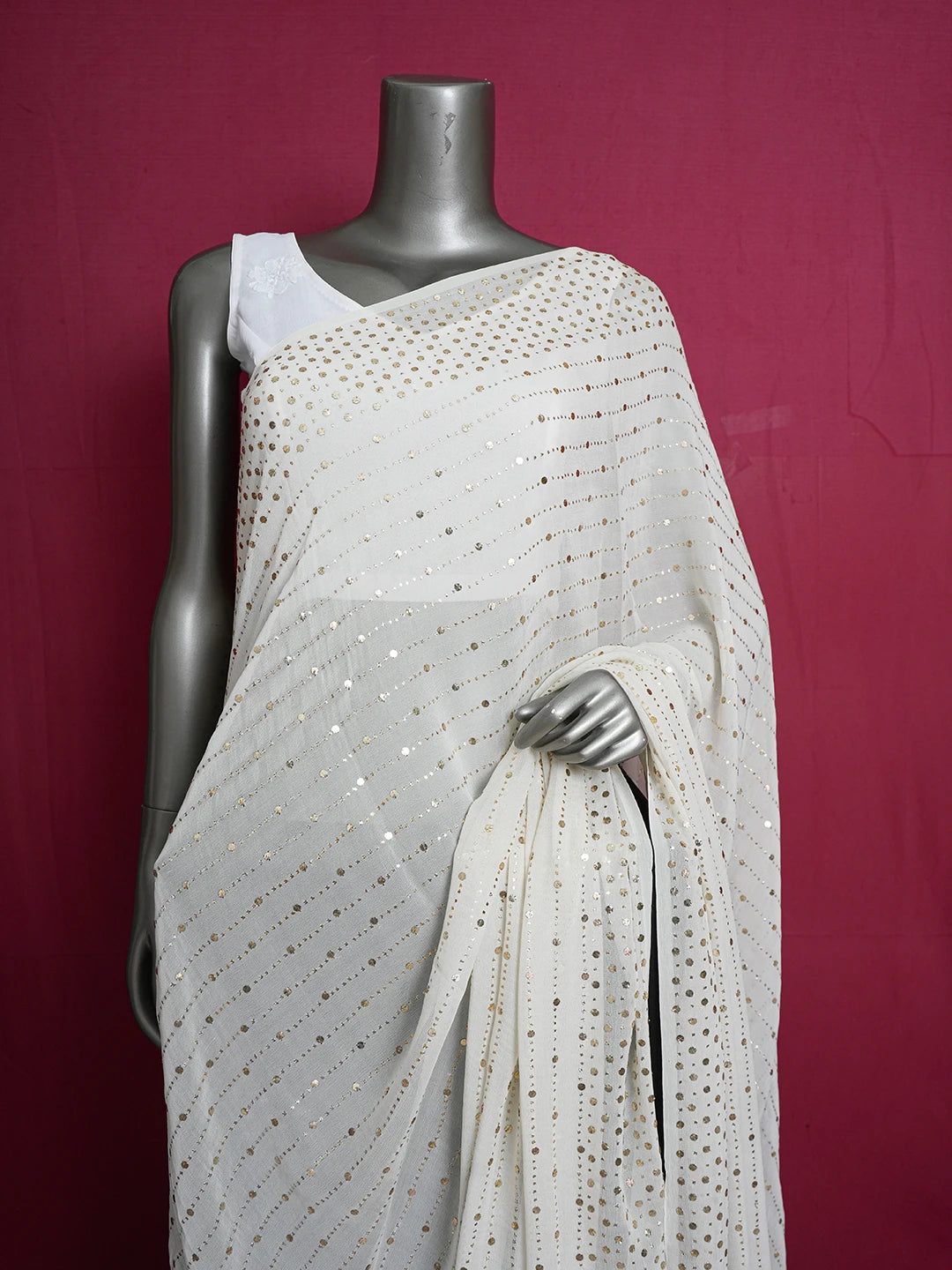 Ada Hand Embroidered Ivory White Pure Georgette Lucknowi Chikankari Dupatta With Mukaish Work A585692
