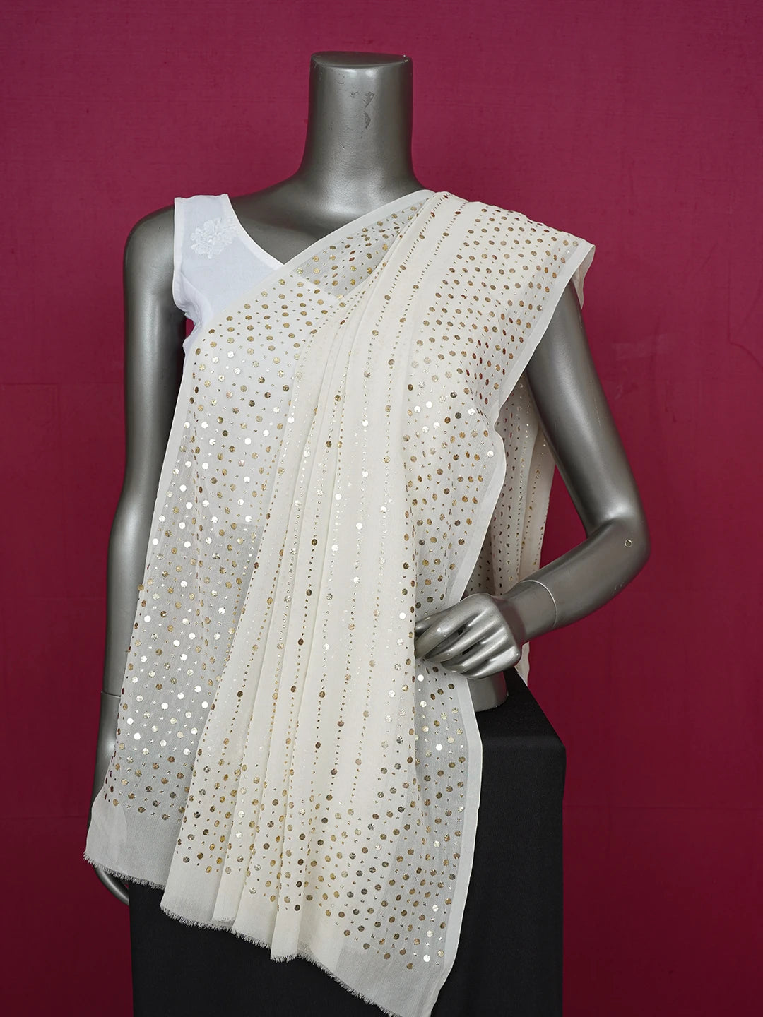 Ada Hand Embroidered Ivory White Pure Georgette Lucknowi Chikankari Dupatta With Mukaish Work A585692