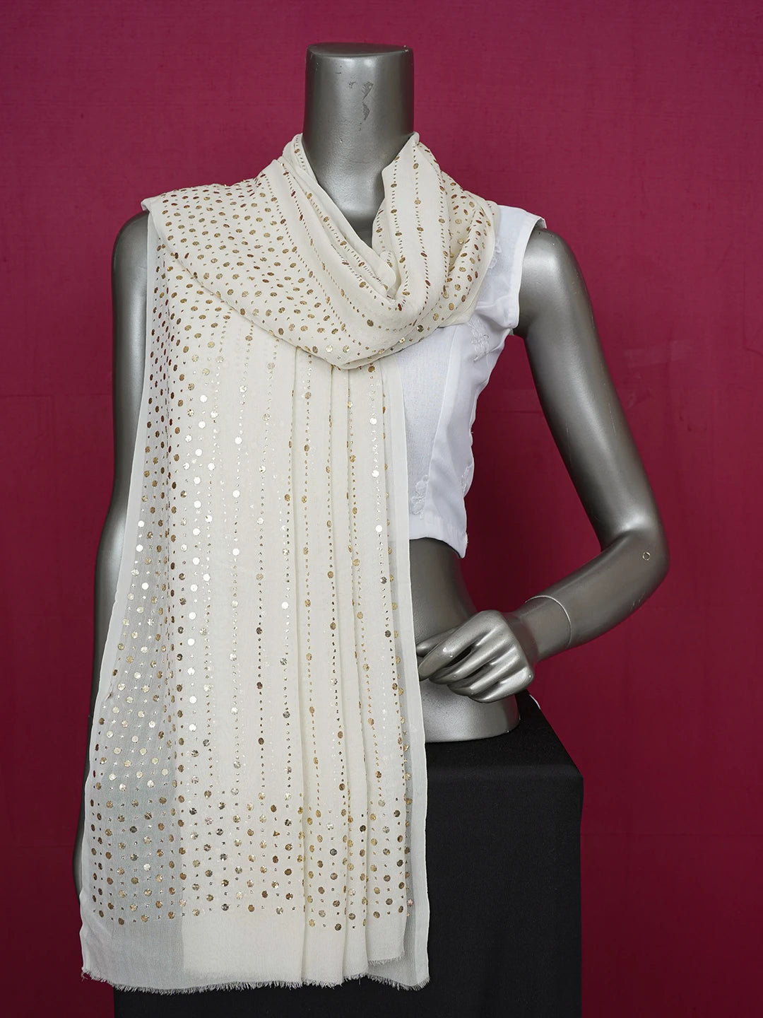 Ada Hand Embroidered Ivory White Pure Georgette Lucknowi Chikankari Dupatta With Mukaish Work A585692