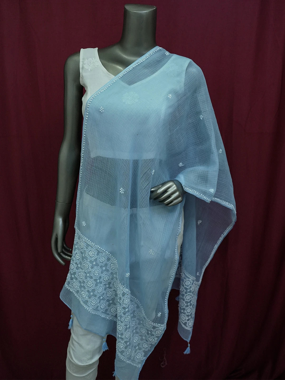 Ada Hand Embroidered Blue Kota Lucknowi Chikankari Dupatta With Muqaish Work 01A641053