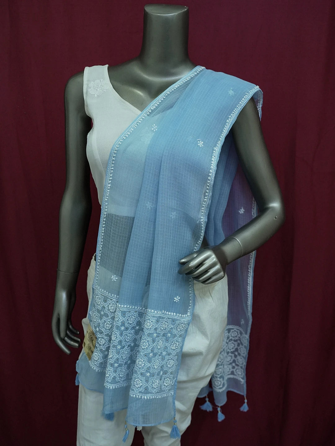 Ada Hand Embroidered Blue Kota Lucknowi Chikankari Dupatta With Muqaish Work 01A641053