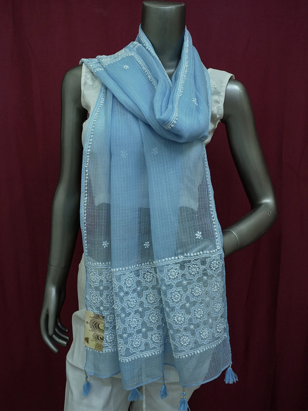 Ada Hand Embroidered Blue Kota Lucknowi Chikankari Dupatta With Muqaish Work 01A641053