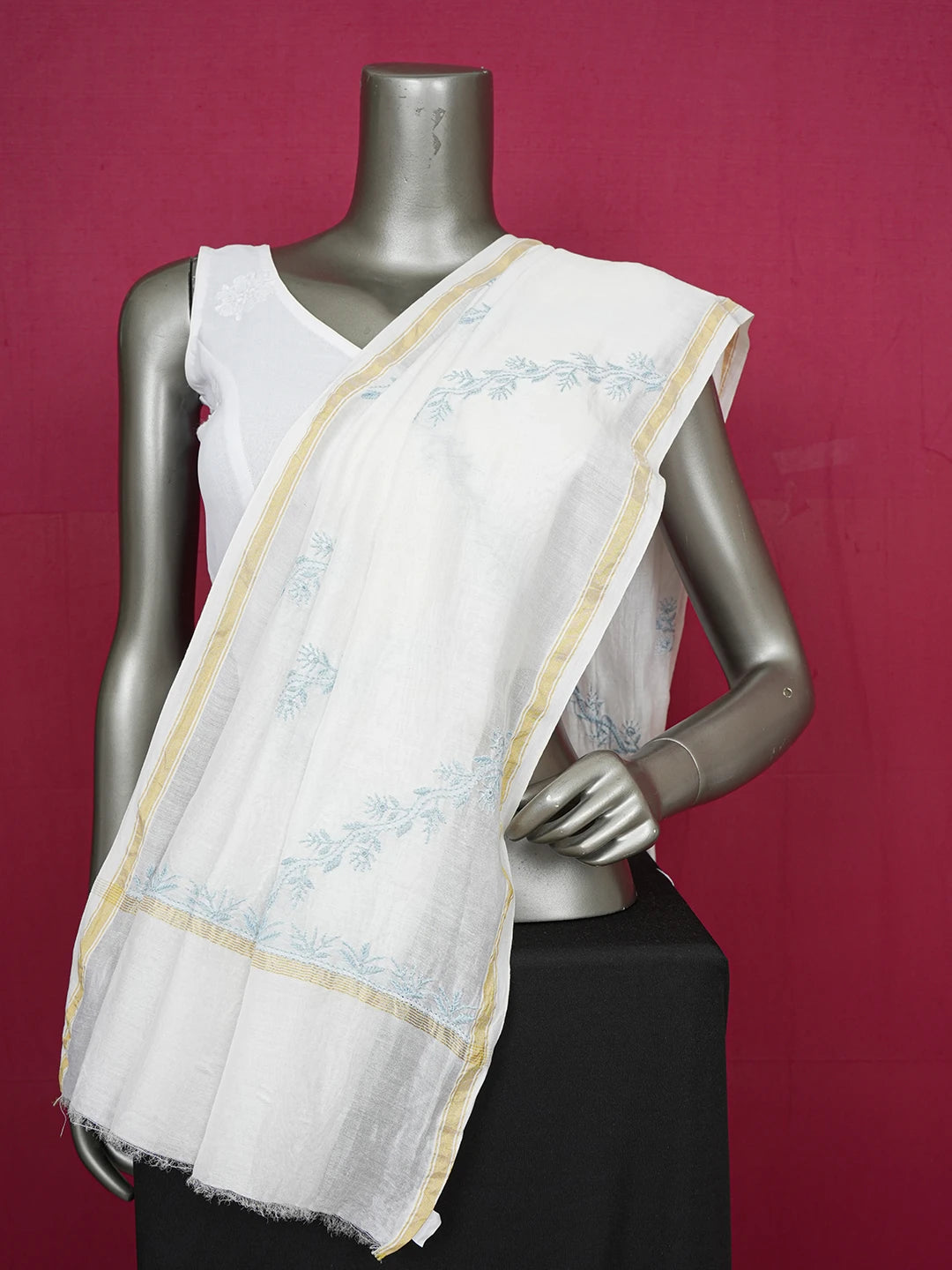 Ada Hand Embroidered Ivory White Chanderi Lucknowi Chikankari Dupatta 01A641027