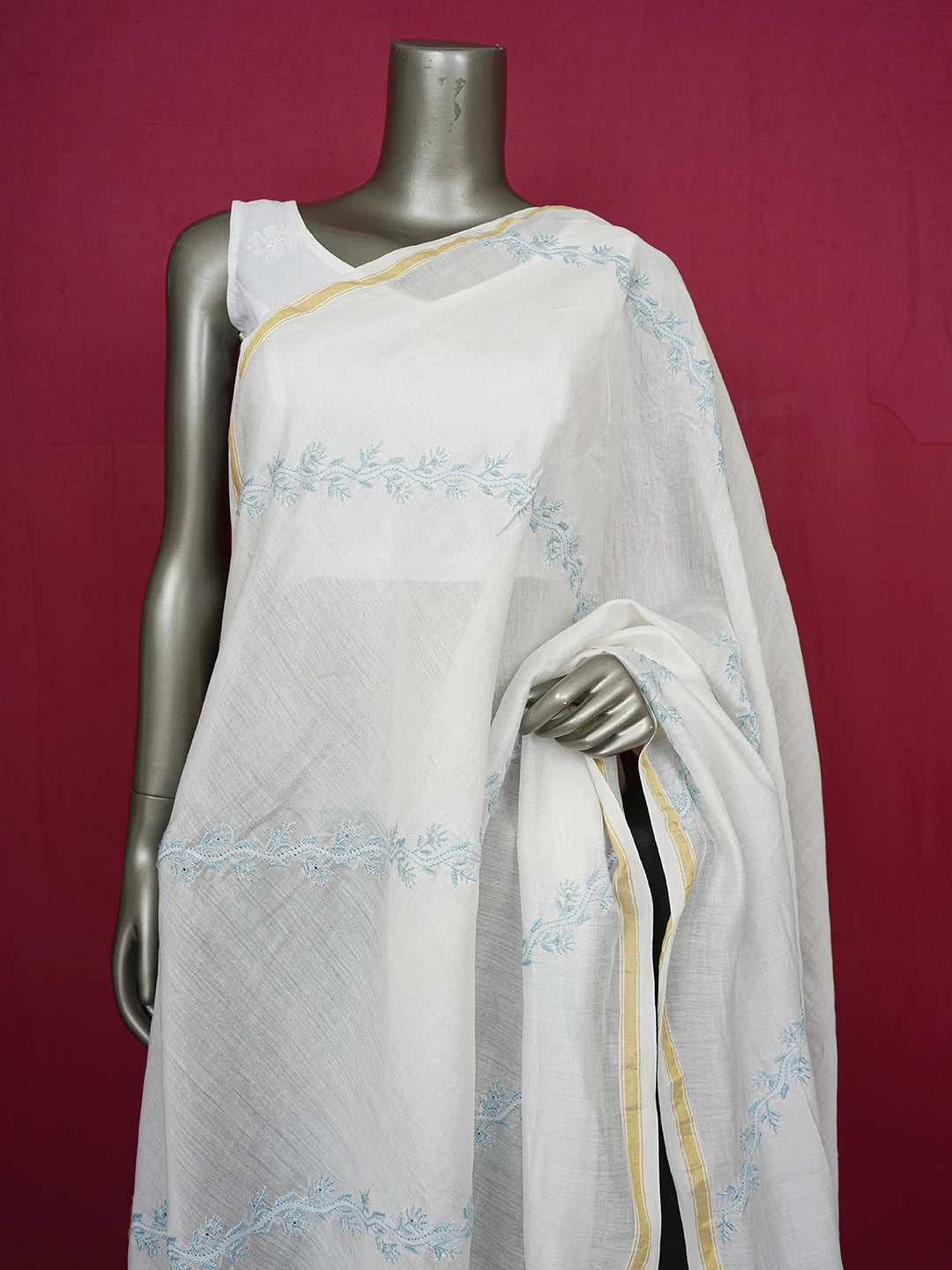 Ada Hand Embroidered Ivory White Chanderi Lucknowi Chikankari Dupatta 01A641027