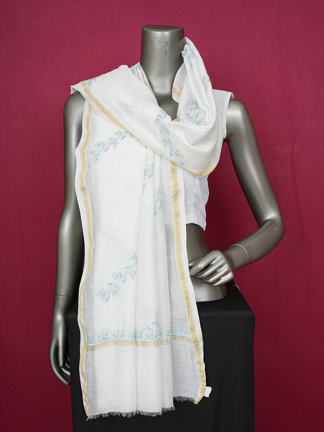 Ada Hand Embroidered Ivory White Chanderi Lucknowi Chikankari Dupatta 01A641027
