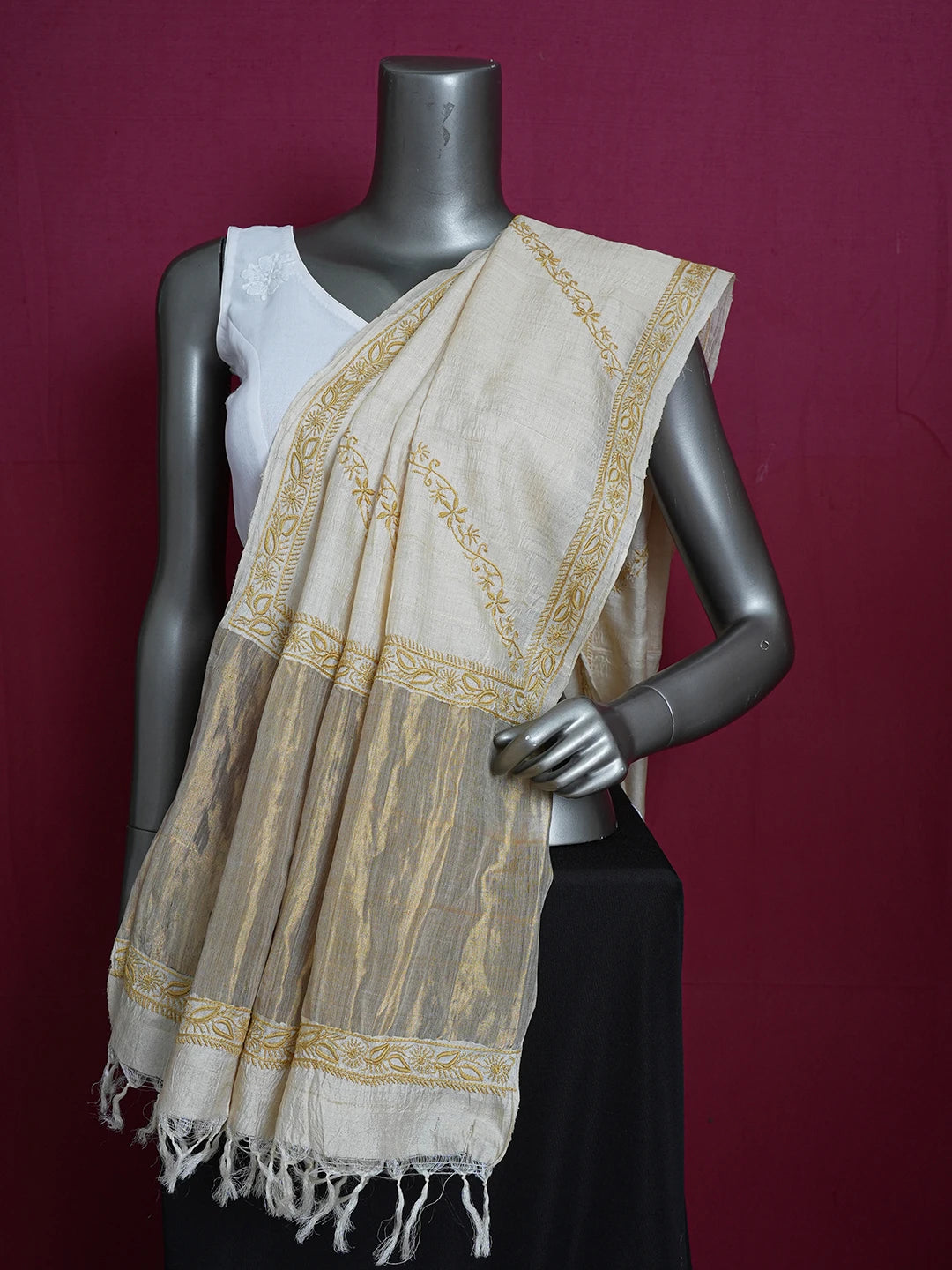 Ada Hand Embroidered Fawn Silk Lucknowi Chikankari Dupatta 01A256257