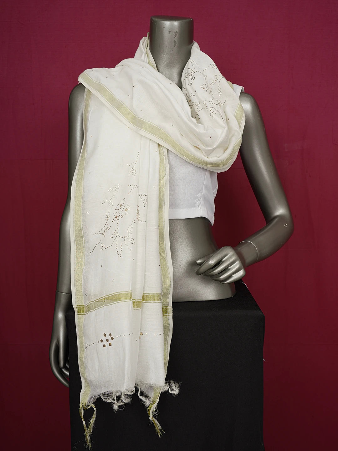 Ada Hand Embroidered Floral White Chanderi Dupatta With Muqaish Work 01A208183
