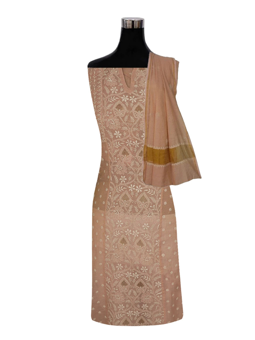 Ada Hand Embroidered Peach Tissue Lucknowi Chikankari Semi-Stitched Anarkali Kurta Dupatta Set With Zari Work 01A623230