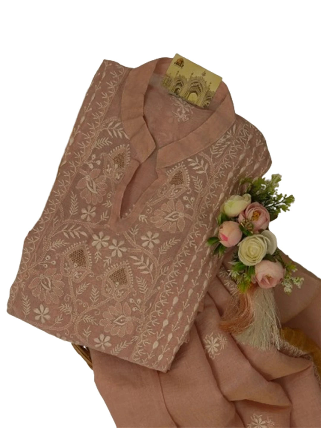 Ada Hand Embroidered Peach Tissue Lucknowi Chikankari Semi-Stitched Anarkali Kurta Dupatta Set With Zari Work 01A623230