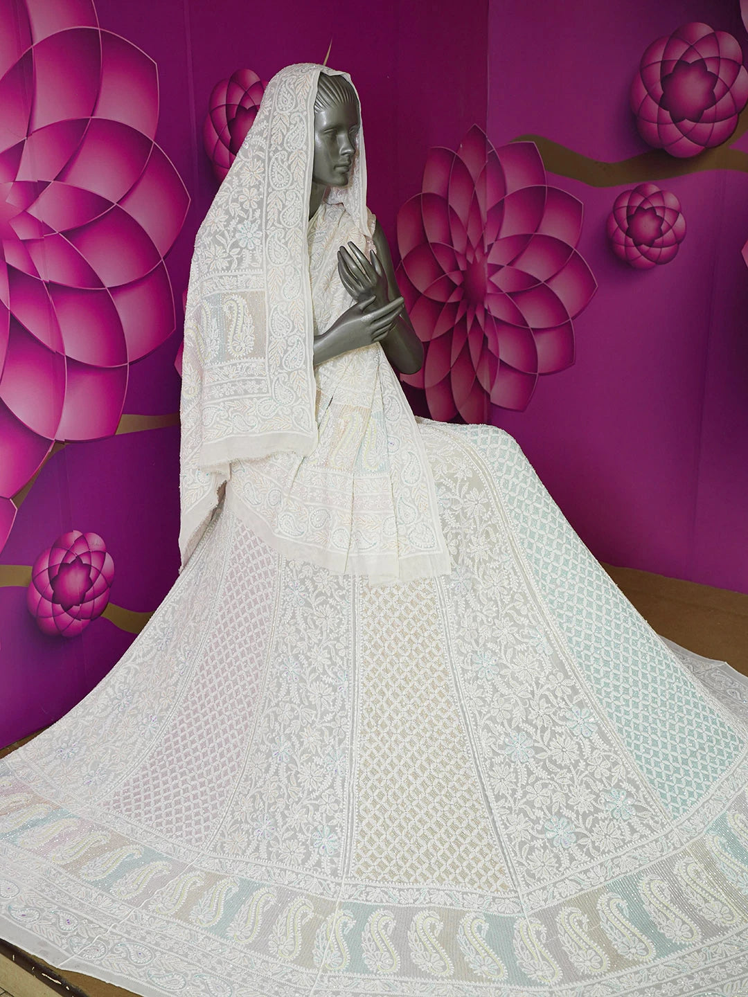 Ada Hand Embroidered White Pure Georgette Lucknowi Chikankari Lehenga Set With Cutdana Work 01A599784