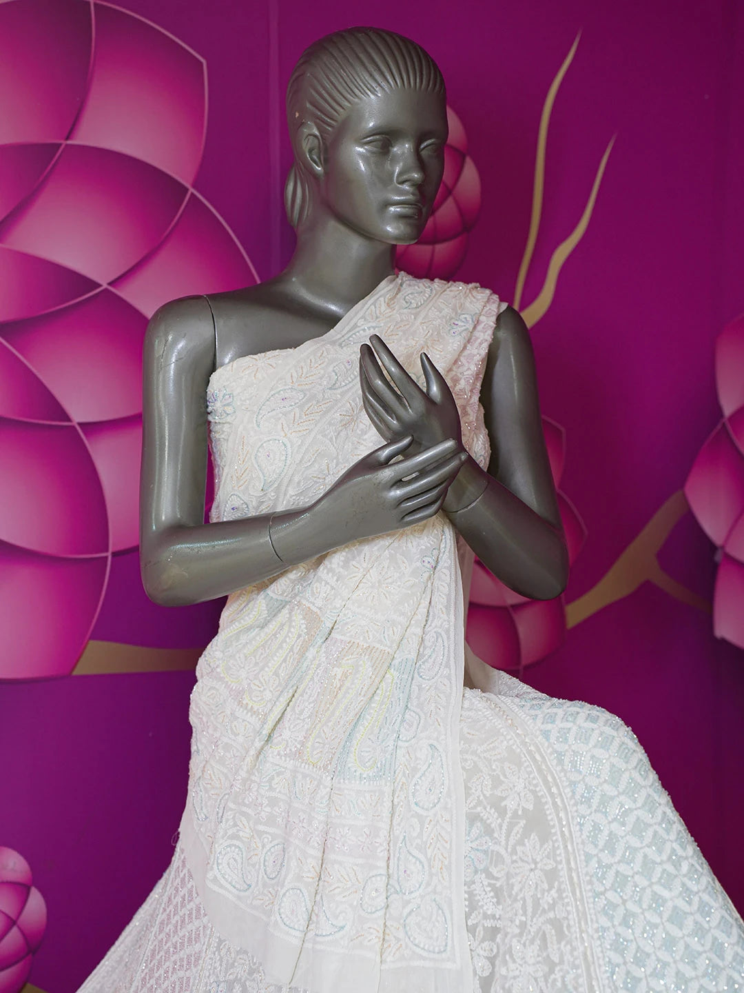 Ada Hand Embroidered White Pure Georgette Lucknowi Chikankari Lehenga Set With Cutdana Work 01A599784