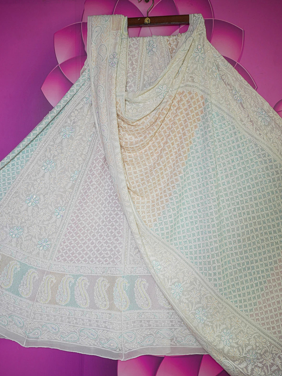 Ada Hand Embroidered White Pure Georgette Lucknowi Chikankari Lehenga Set With Cutdana Work 01A599784