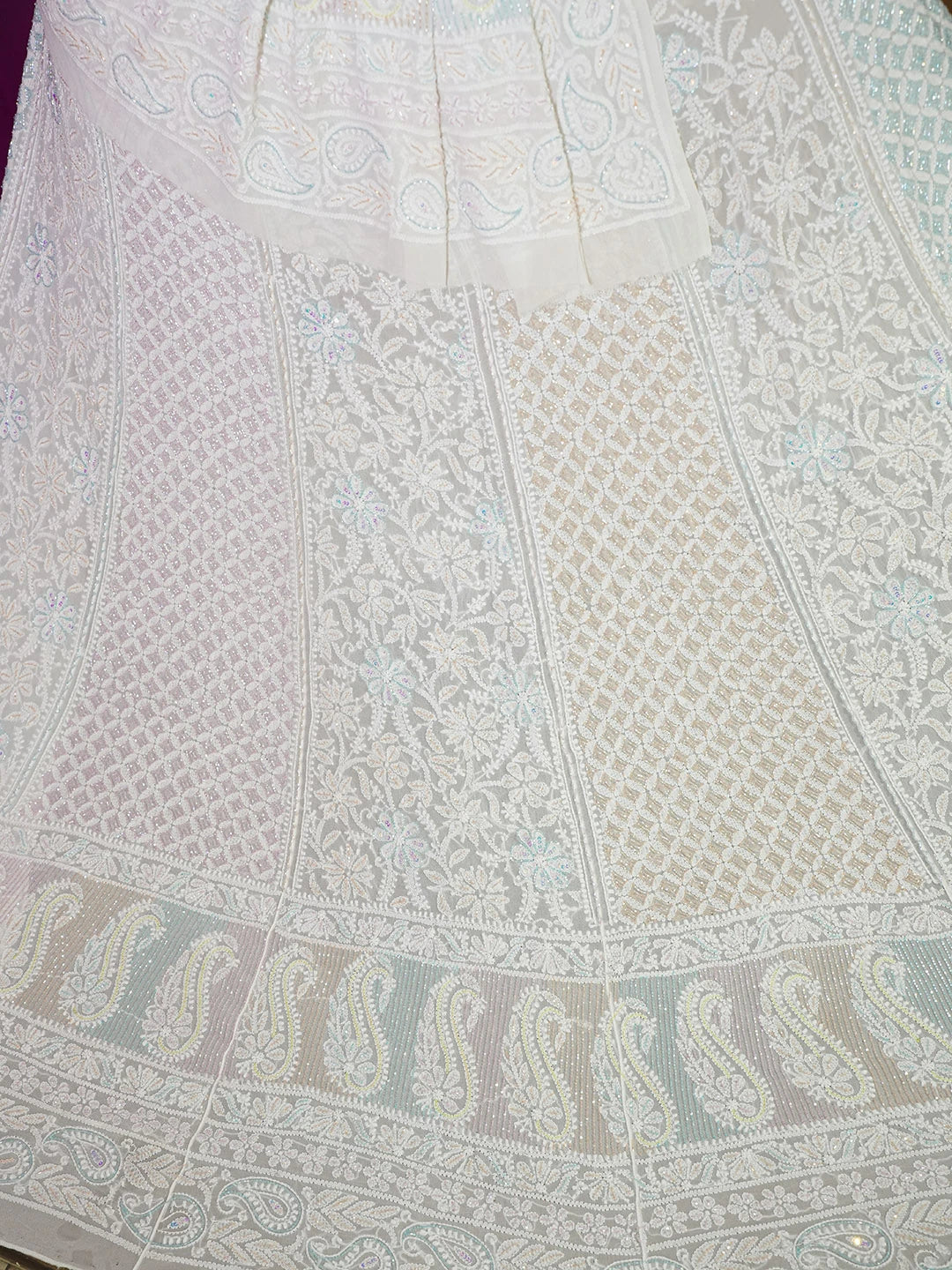 Ada Hand Embroidered White Pure Georgette Lucknowi Chikankari Lehenga Set With Cutdana Work 01A599784
