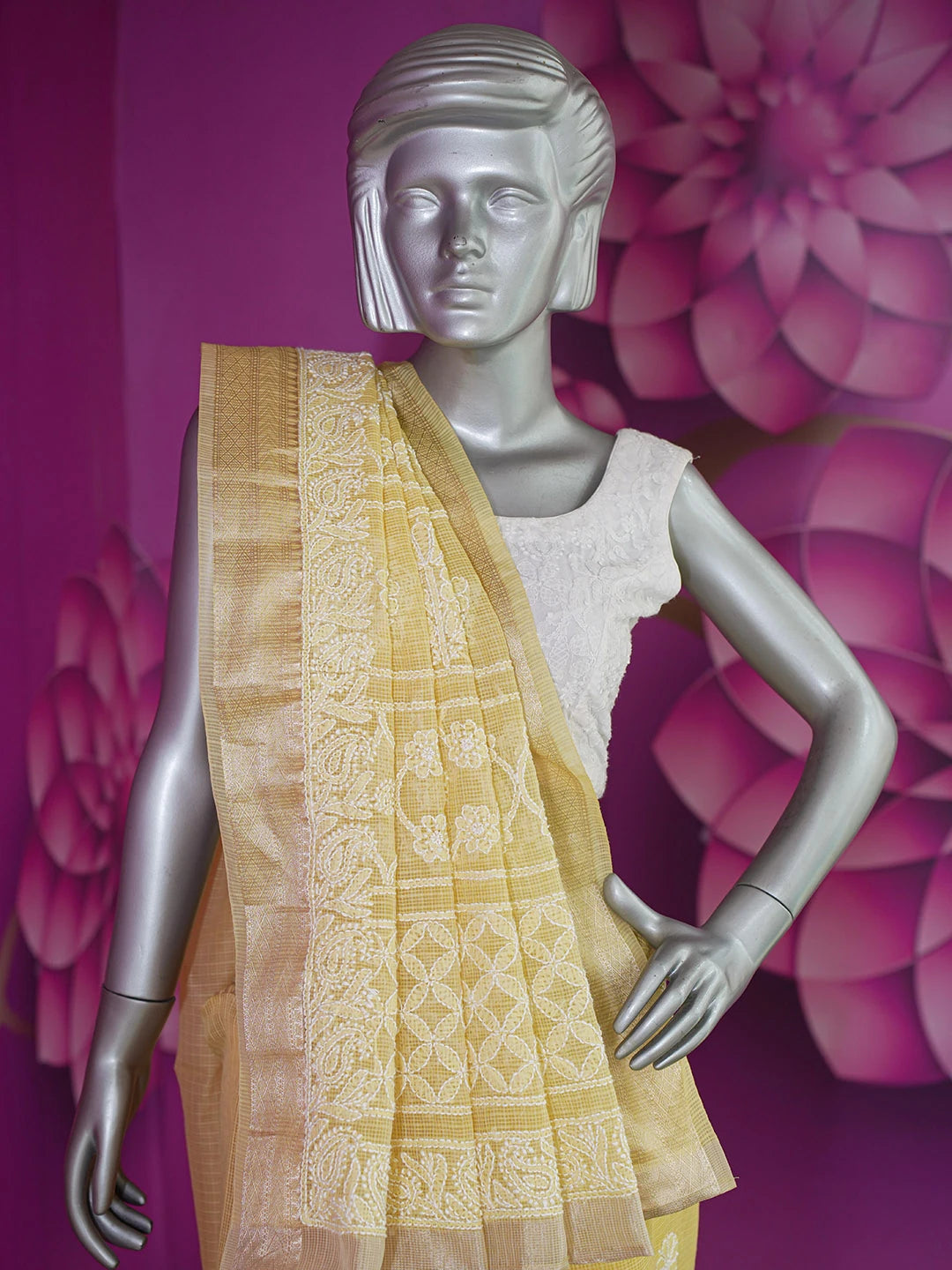 Ada Hand Embroidered Biscotti Yellow Chanderi Lucknowi Chikankari Saree With Blouse 01A626164