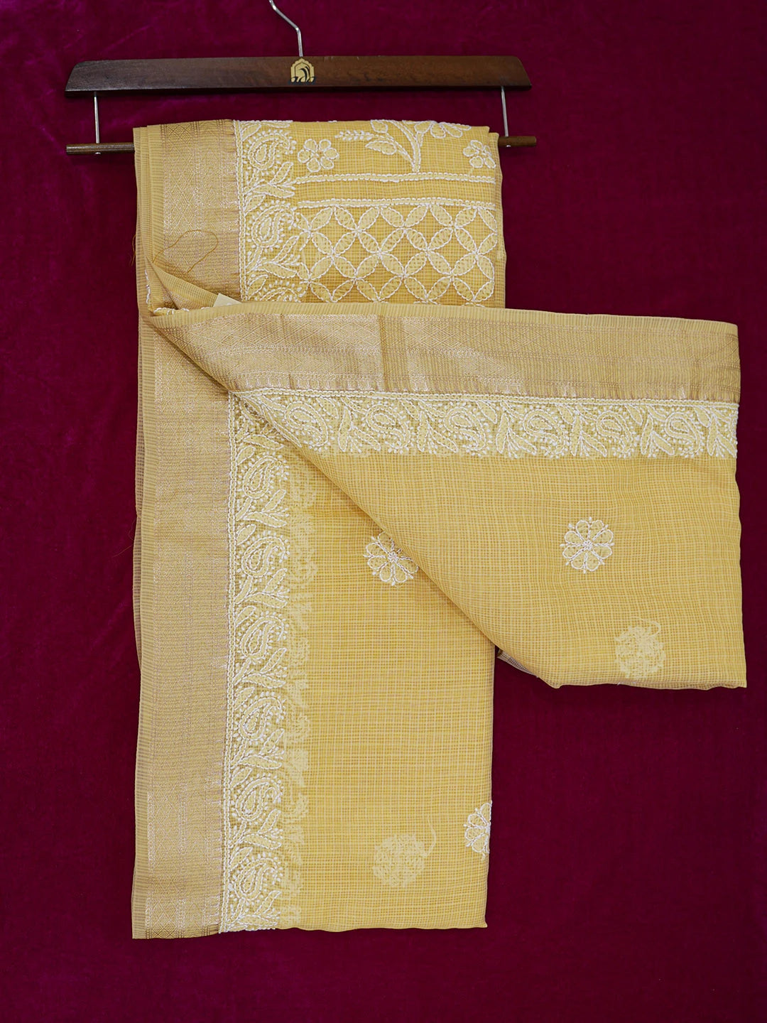 Ada Hand Embroidered Biscotti Yellow Chanderi Lucknowi Chikankari Saree With Blouse 01A626164