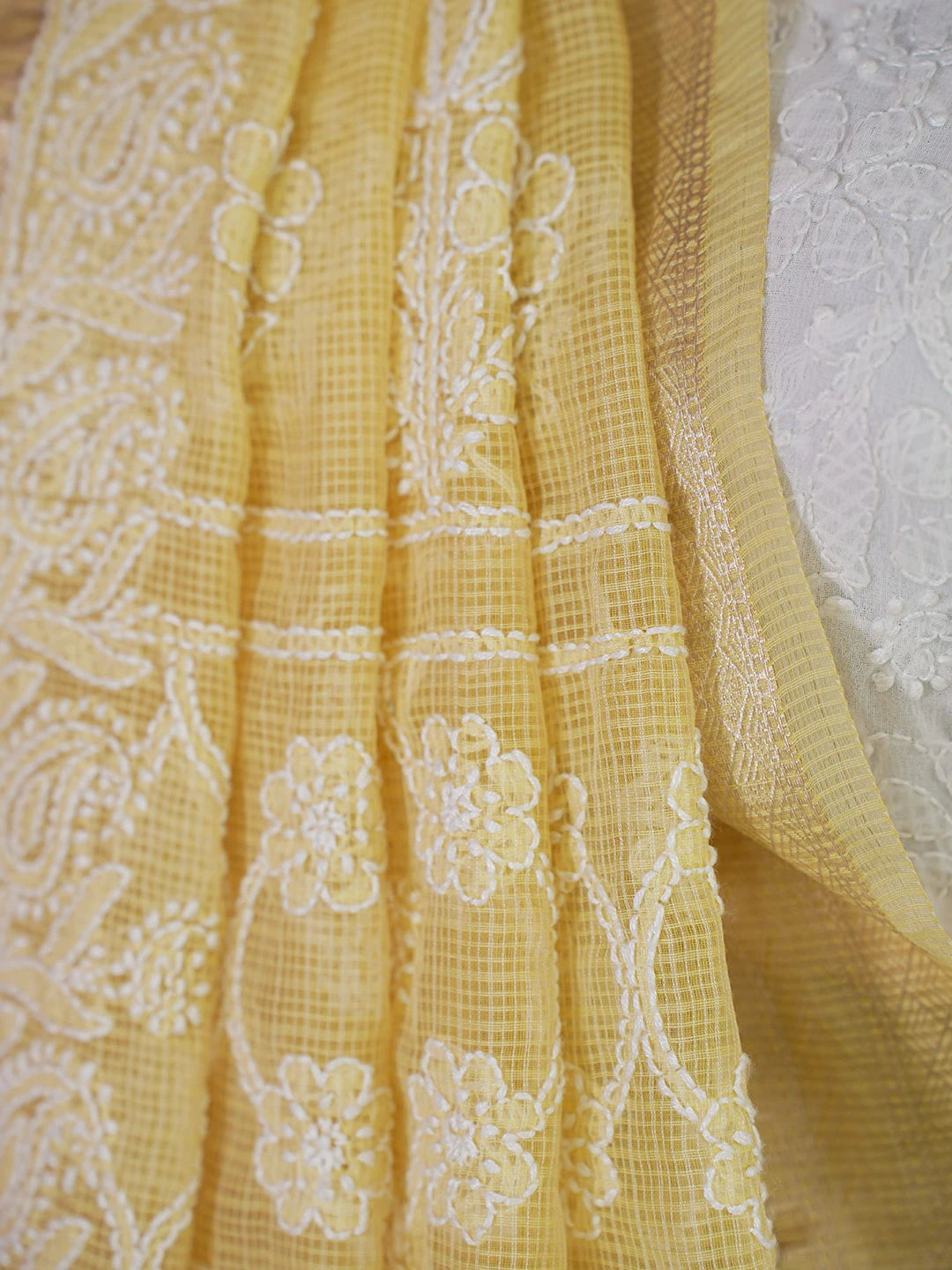 Ada Hand Embroidered Biscotti Yellow Chanderi Lucknowi Chikankari Saree With Blouse 01A626164