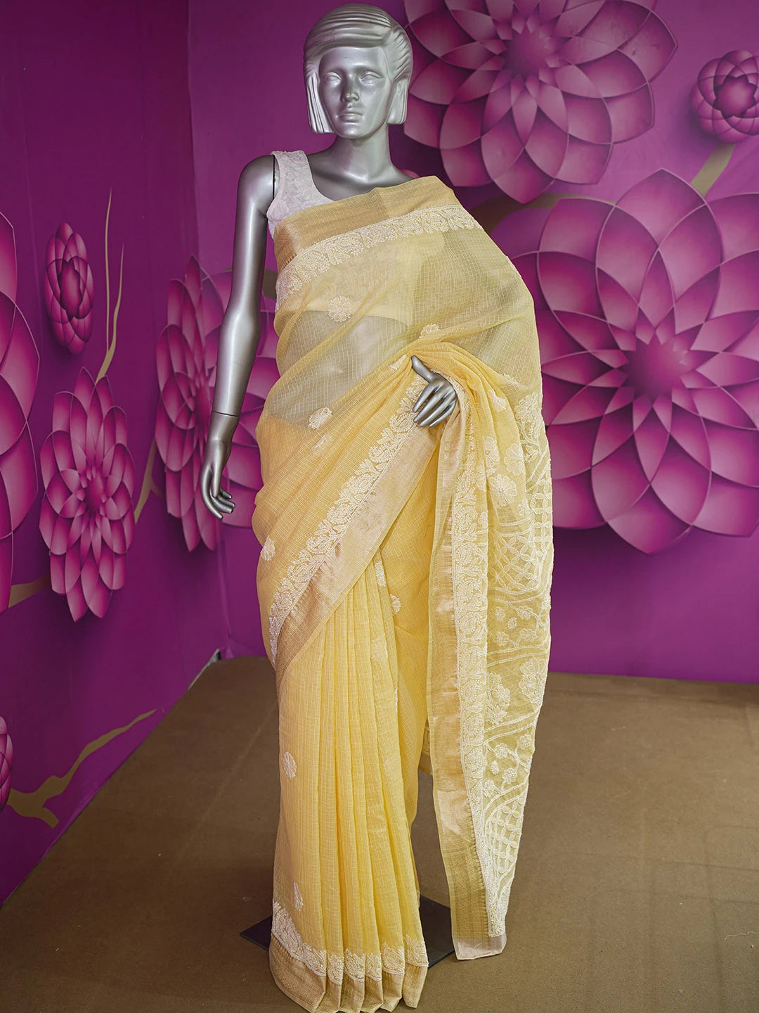 Ada Hand Embroidered Biscotti Yellow Chanderi Lucknowi Chikankari Saree With Blouse 01A626164