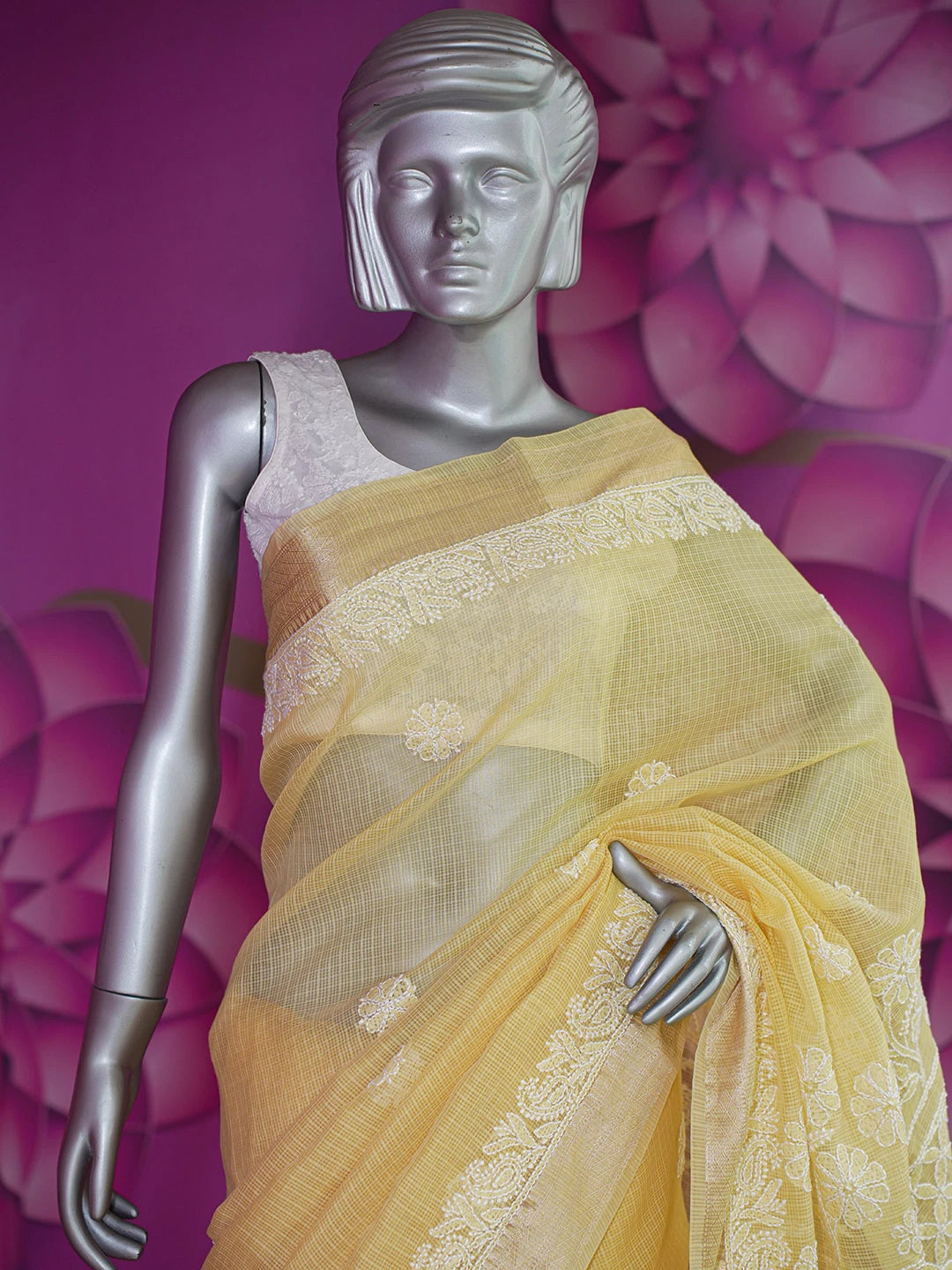 Ada Hand Embroidered Biscotti Yellow Chanderi Lucknowi Chikankari Saree With Blouse 01A626164