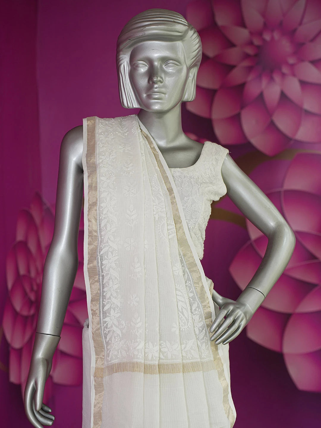 Ada Hand Embroidered White Kota Lucknowi Chikankari Saree With Blouse 01A632513
