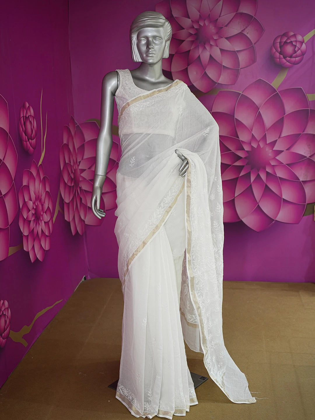 Ada Hand Embroidered White Kota Lucknowi Chikankari Saree With Blouse 01A632513