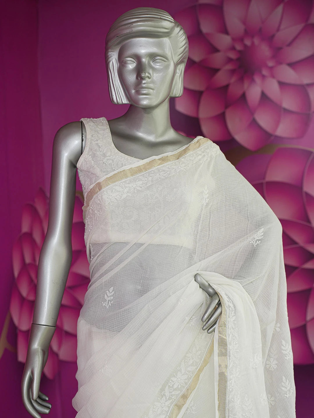 Ada Hand Embroidered White Kota Lucknowi Chikankari Saree With Blouse 01A632513