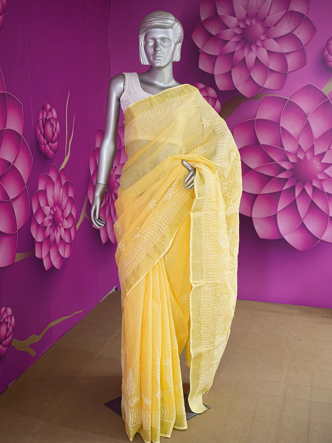 Ada Hand Embroidered Yellow Kota Lucknowi Chikankari Saree With Blouse 01A635961