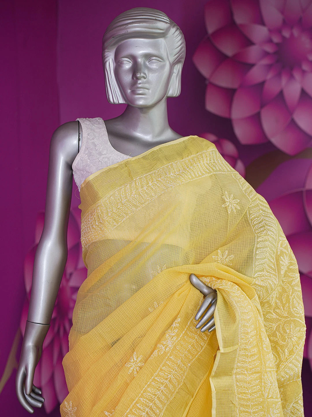 Ada Hand Embroidered Yellow Kota Lucknowi Chikankari Saree With Blouse 01A635961