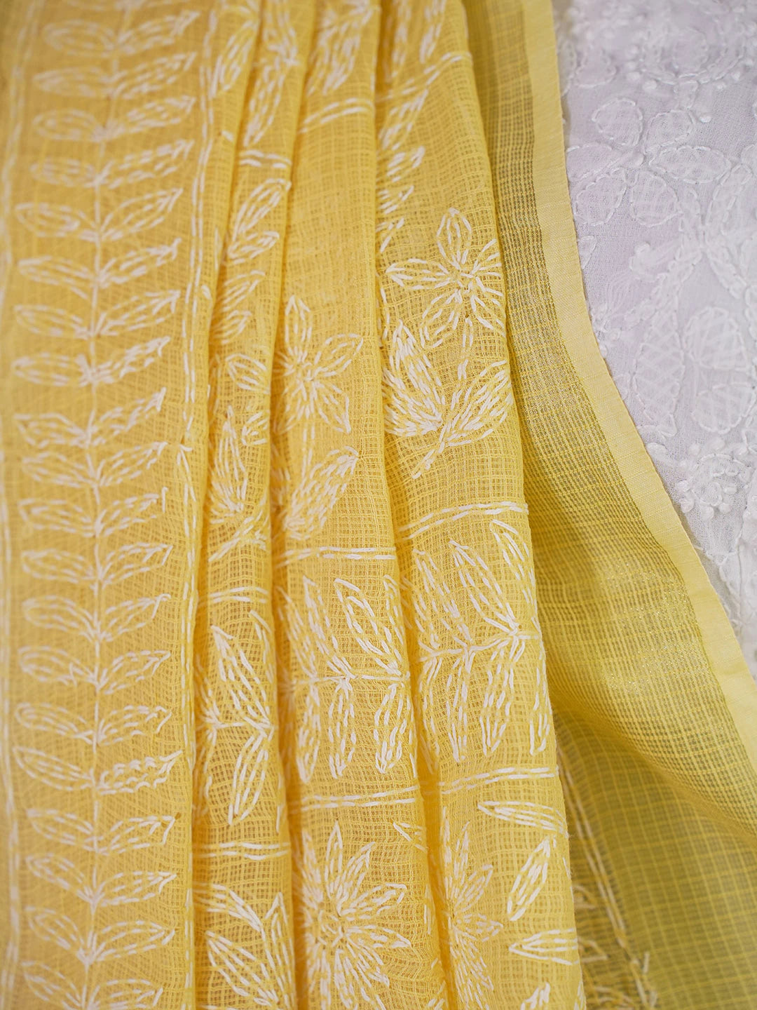 Ada Hand Embroidered Yellow Kota Lucknowi Chikankari Saree With Blouse 01A635961