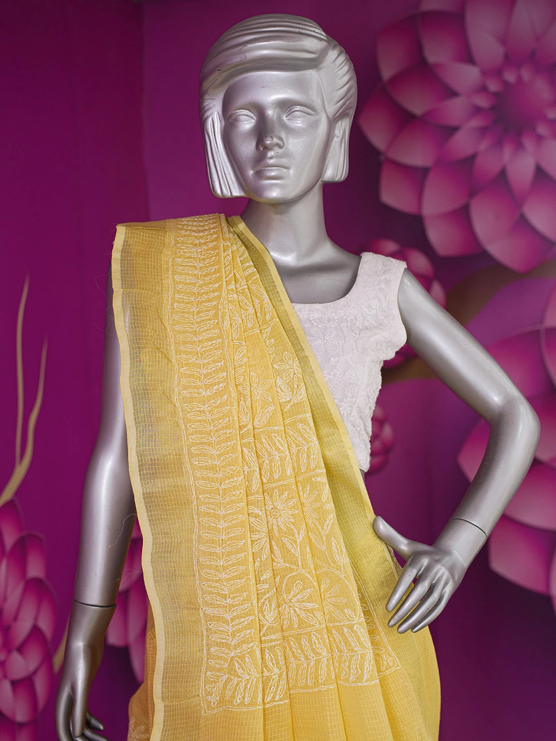 Ada Hand Embroidered Yellow Kota Lucknowi Chikankari Saree With Blouse 01A635961