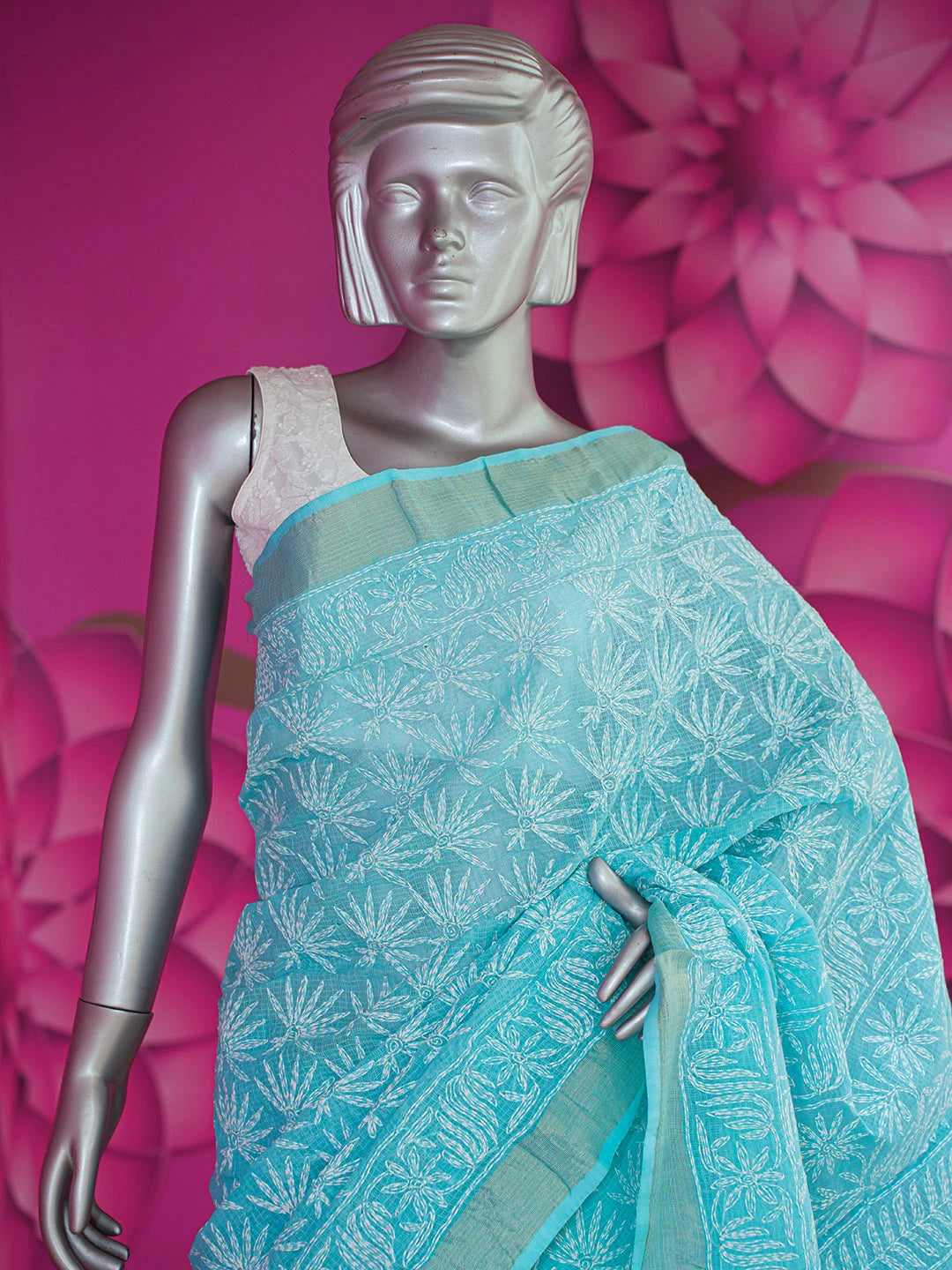 Ada Hand Embroidered Sky Blue Kota Lucknowi Chikankari Saree With Blouse 01A635988