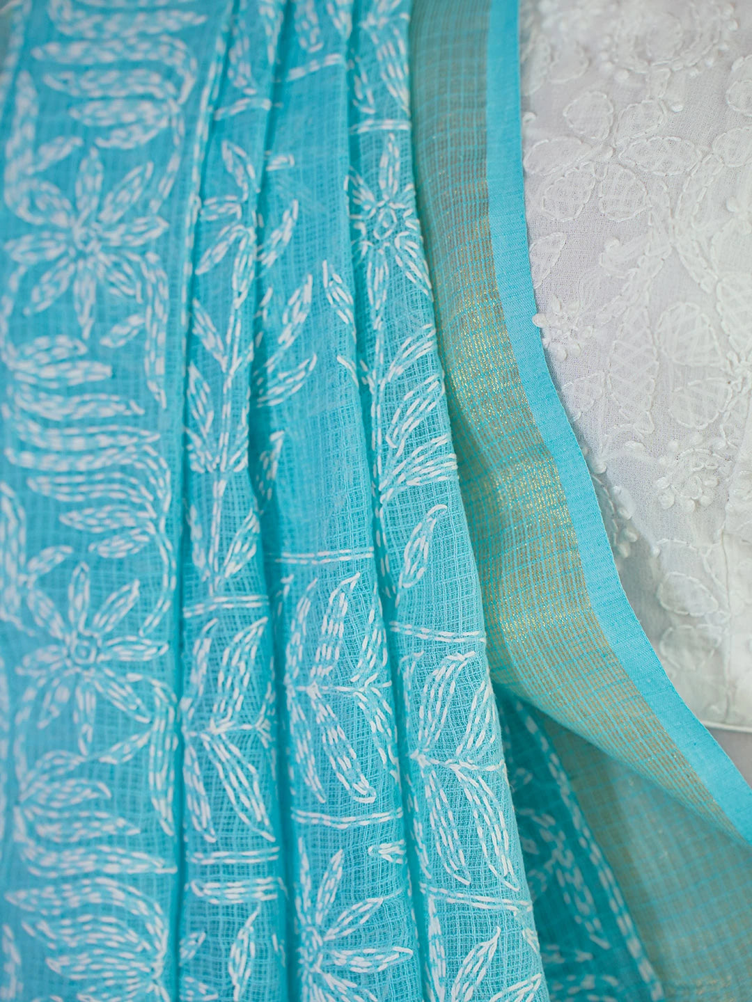 Ada Hand Embroidered Sky Blue Kota Lucknowi Chikankari Saree With Blouse 01A635988