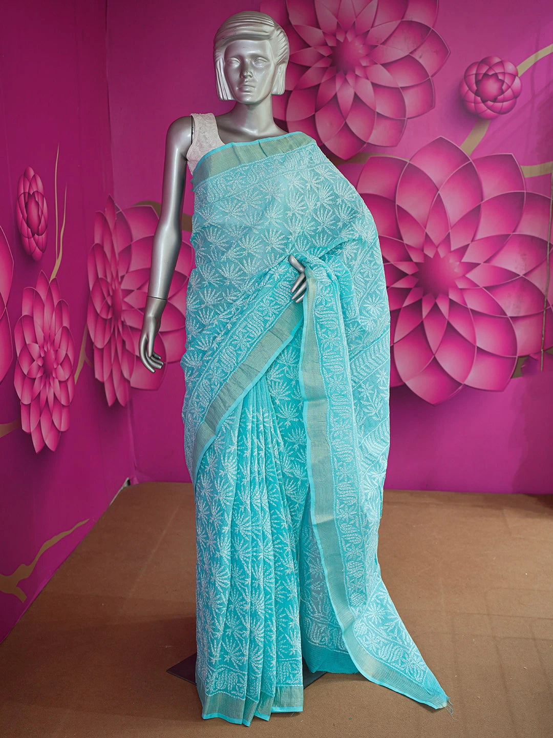 Ada Hand Embroidered Sky Blue Kota Lucknowi Chikankari Saree With Blouse 01A635988