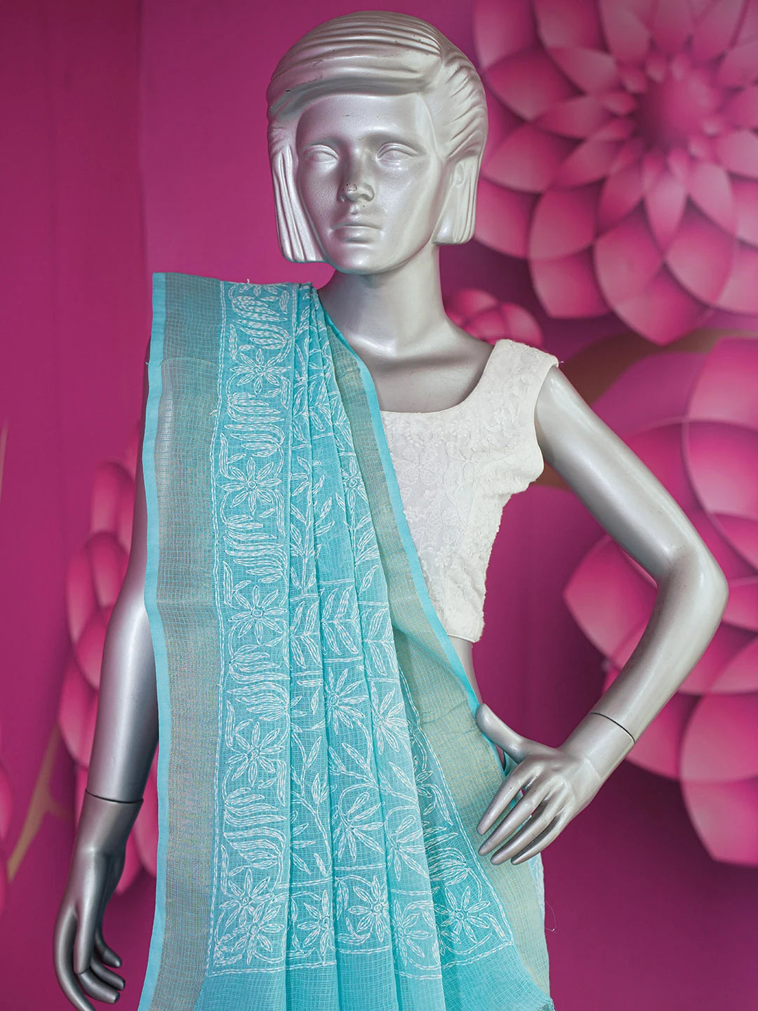 Ada Hand Embroidered Sky Blue Kota Lucknowi Chikankari Saree With Blouse 01A635988