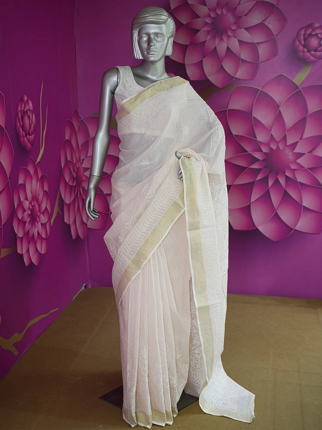 Ada Hand Embroidered Light Pink Kota Lucknowi Chikankari Saree With Blouse 01A635965