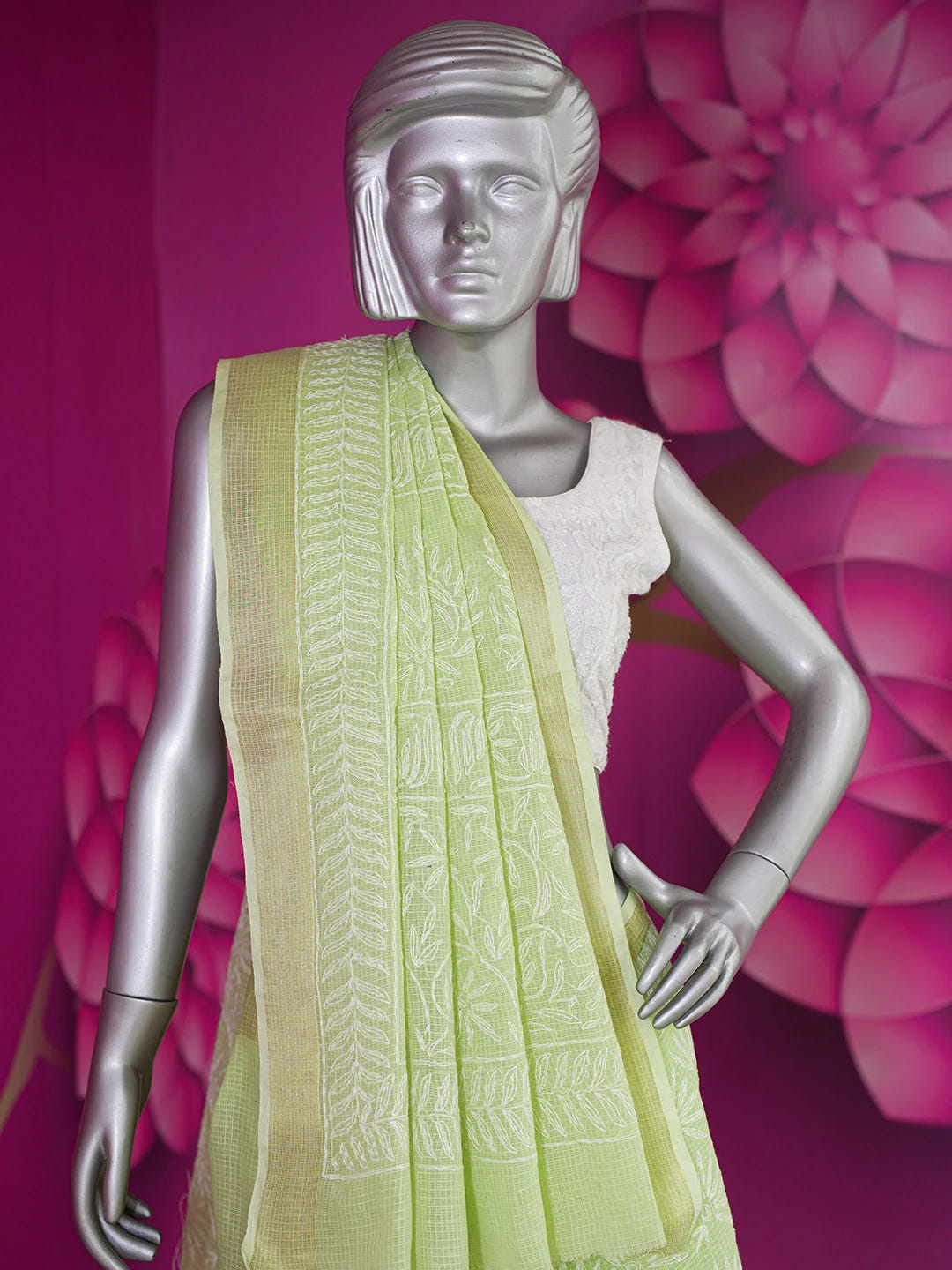 Ada Hand Embroidered Lime Green Kota Lucknowi Chikankari Saree With Blouse 01A590974