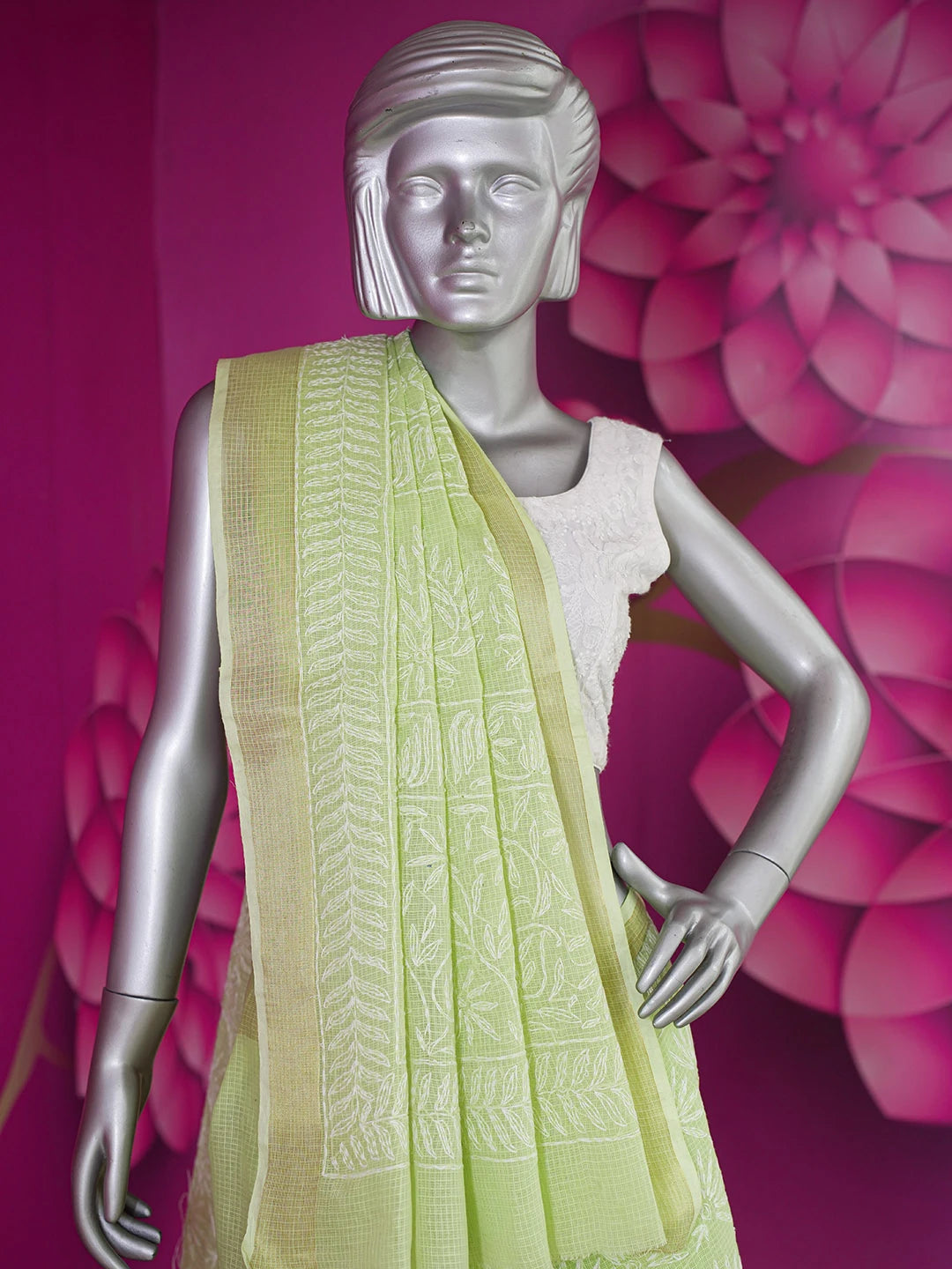 Ada Hand Embroidered Lime Green Kota Lucknowi Chikankari Saree With Blouse 01A590974