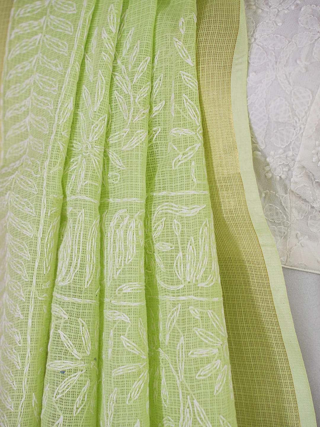 Ada Hand Embroidered Lime Green Kota Lucknowi Chikankari Saree With Blouse 01A590974