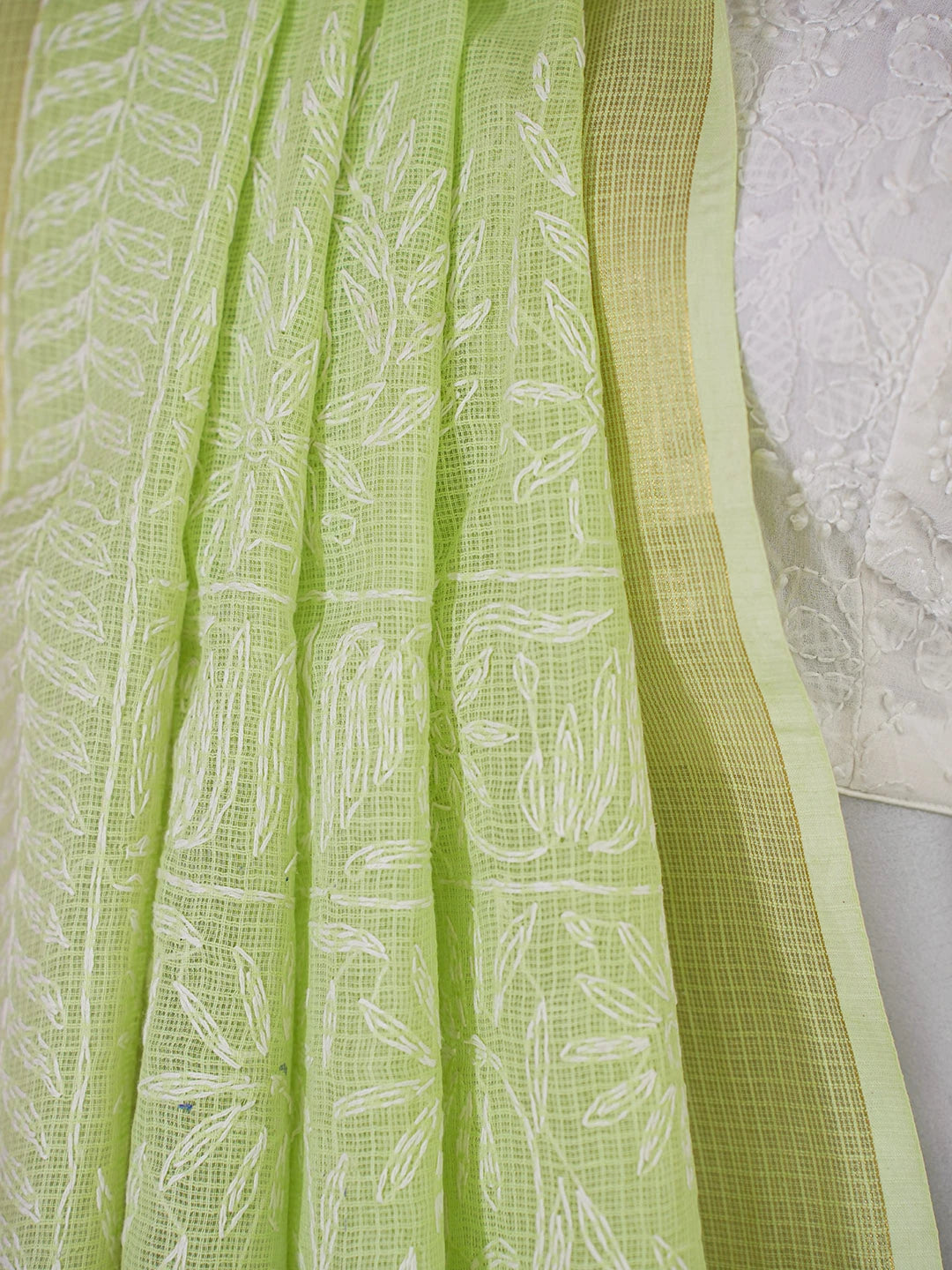 Ada Hand Embroidered Lime Green Kota Lucknowi Chikankari Saree With Blouse 01A590974