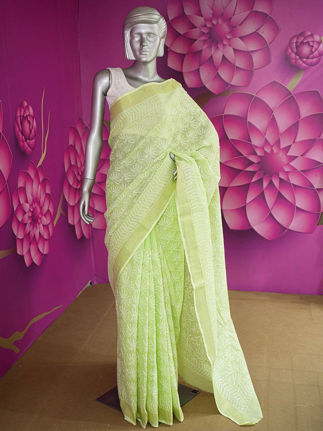 Ada Hand Embroidered Lime Green Kota Lucknowi Chikankari Saree With Blouse 01A590974