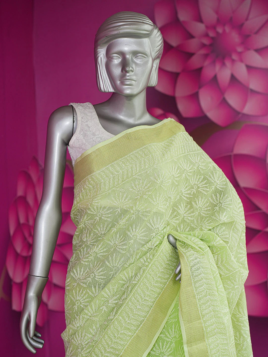 Ada Hand Embroidered Lime Green Kota Lucknowi Chikankari Saree With Blouse 01A590974
