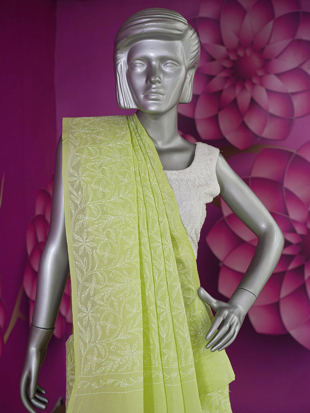 Ada Hand Embroidered Lime Green Cotton Lucknowi Chikankari Saree With Blouse 01A586079