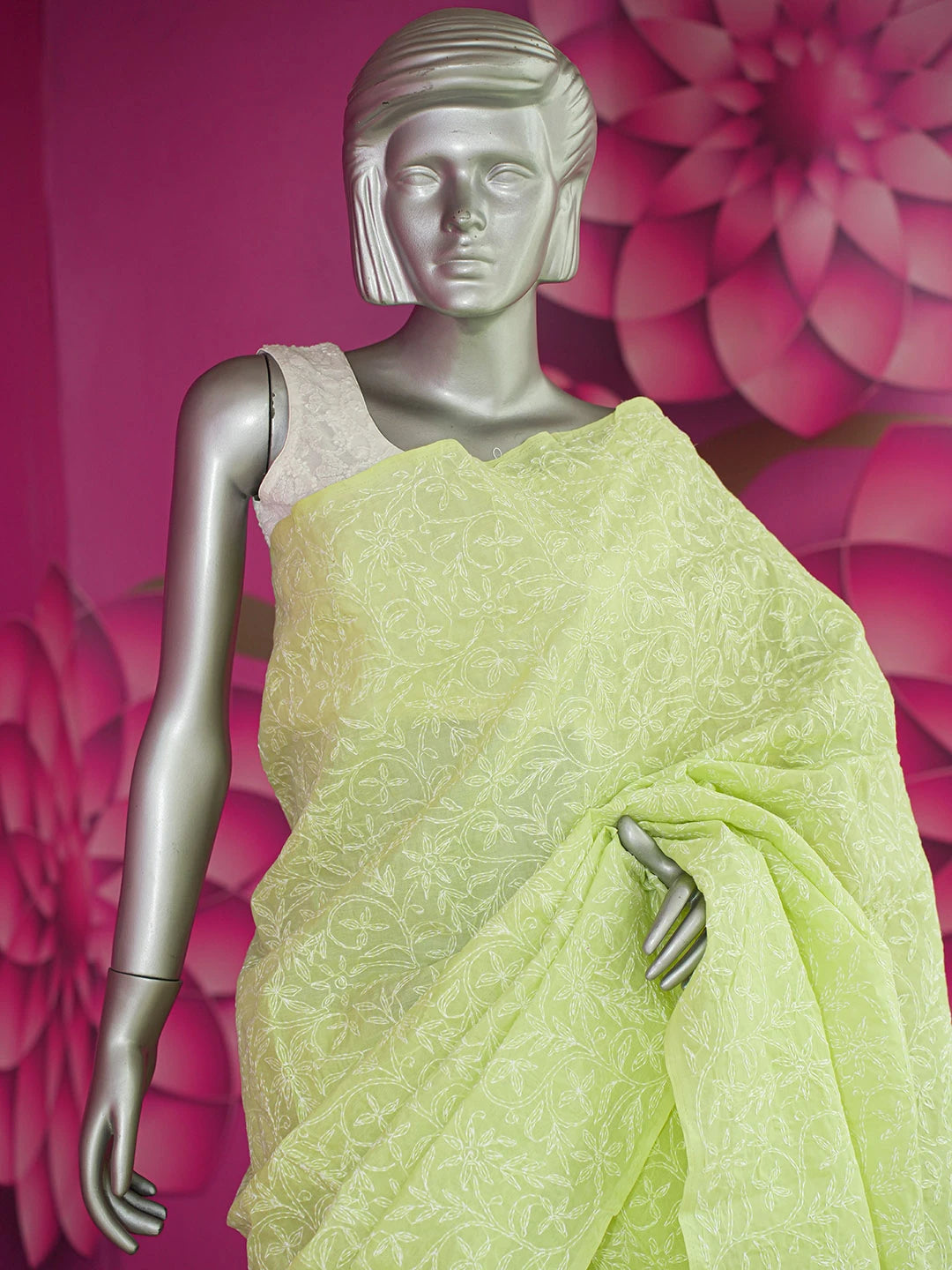 Ada Hand Embroidered Lime Green Cotton Lucknowi Chikankari Saree With Blouse 01A586079