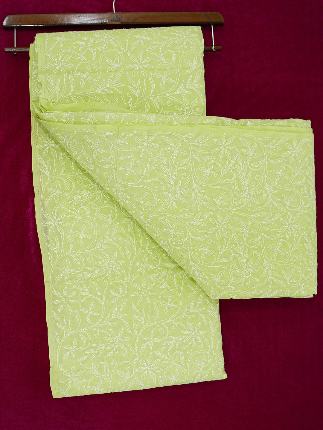 Ada Hand Embroidered Lime Green Cotton Lucknowi Chikankari Saree With Blouse 01A586079