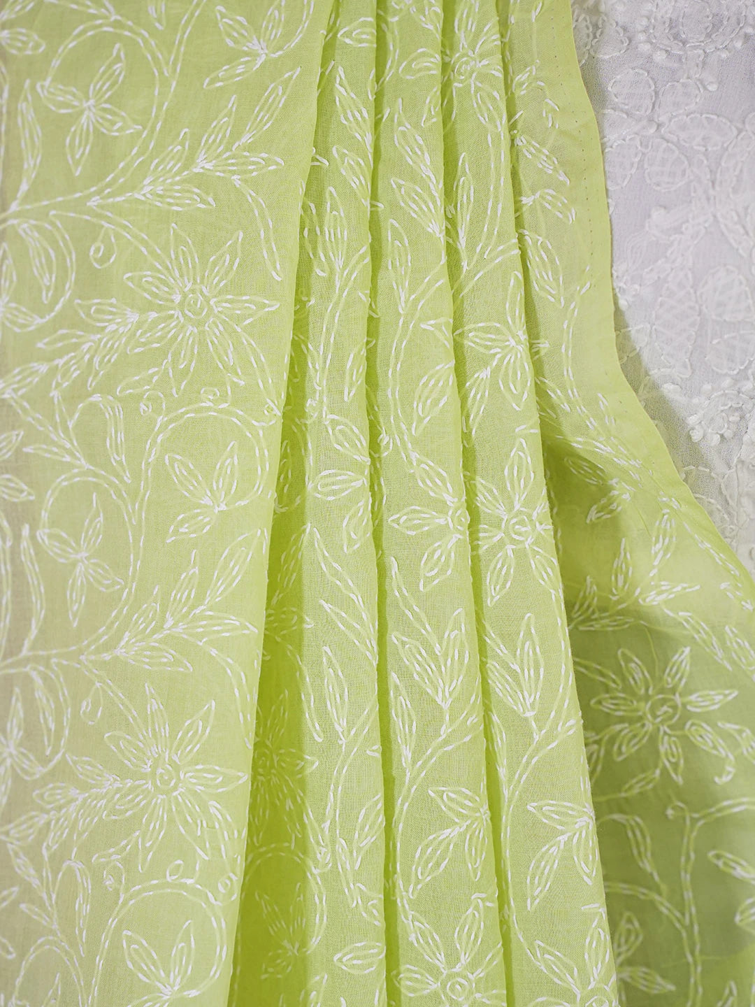 Ada Hand Embroidered Lime Green Cotton Lucknowi Chikankari Saree With Blouse 01A586079