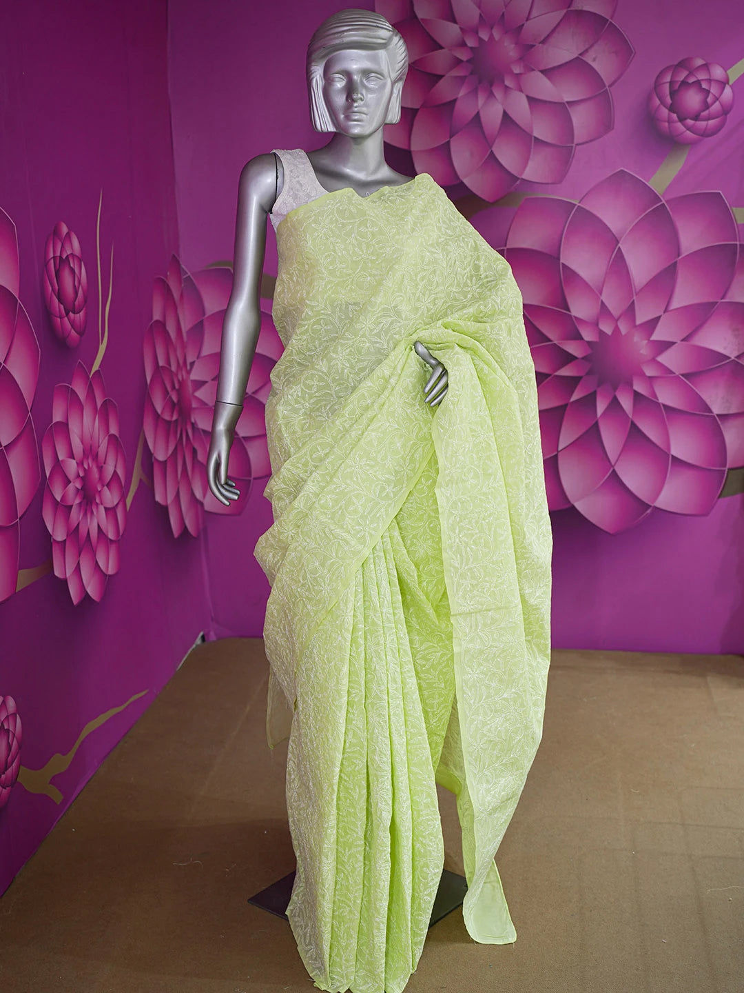 Ada Hand Embroidered Lime Green Cotton Lucknowi Chikankari Saree With Blouse 01A586079