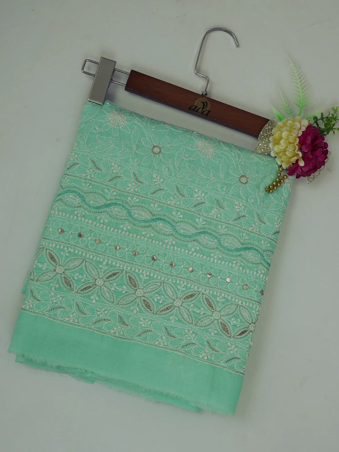 Ada Hand Embroidered Sea Green Cotton Lucknowi Chikankari Unstitched Kurta Piece With Zari Work 01A325438