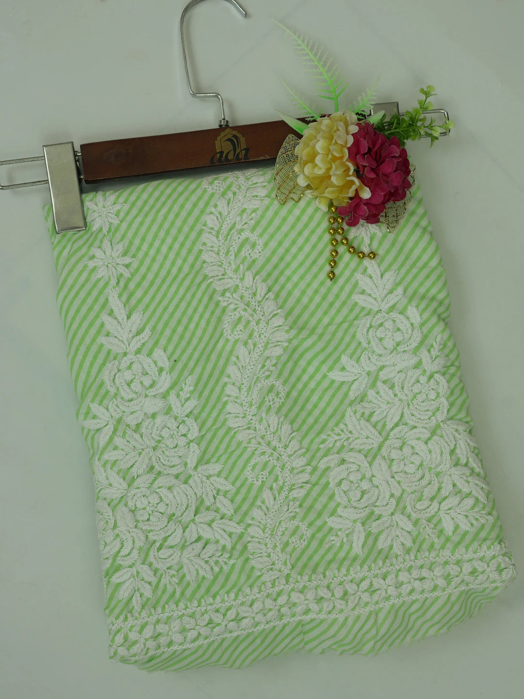 Ada Hand Embroidered Green Cotton Lucknowi Chikankari Unstitched Kurta Piece 01A514323
